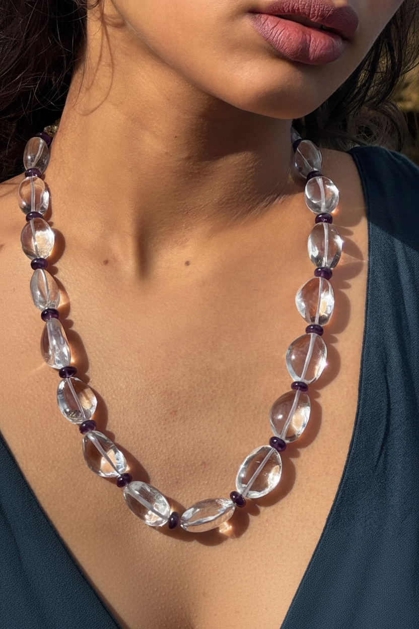 Crystal quartz and amethyst bead necklace – handcrafted artisan jewellery JAAMUN