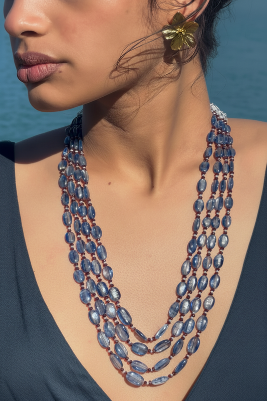 Blue kyanite red garnet and pearl necklace – Rajasthani handcrafted jewellery JAAMUN