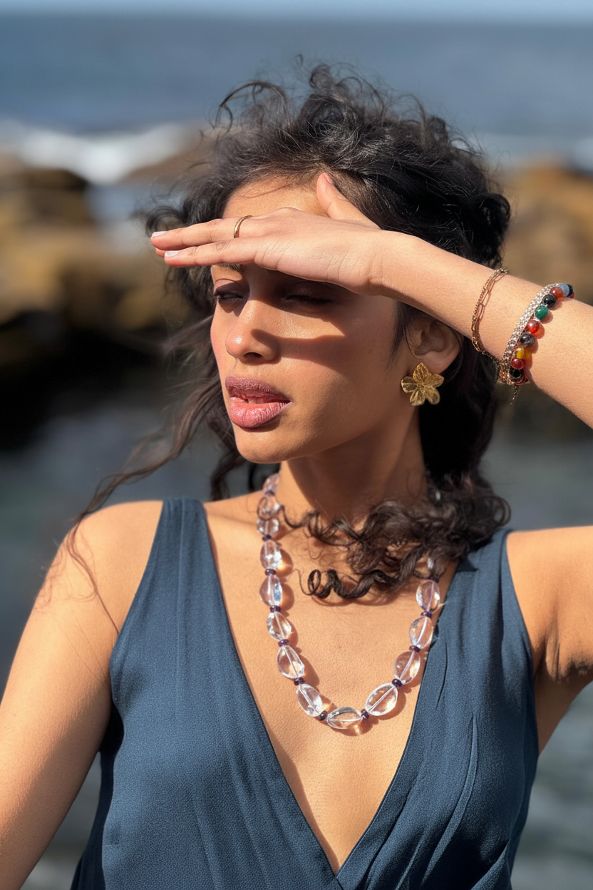 Crystal quartz and amethyst bead necklace – handcrafted artisan jewellery JAAMUN