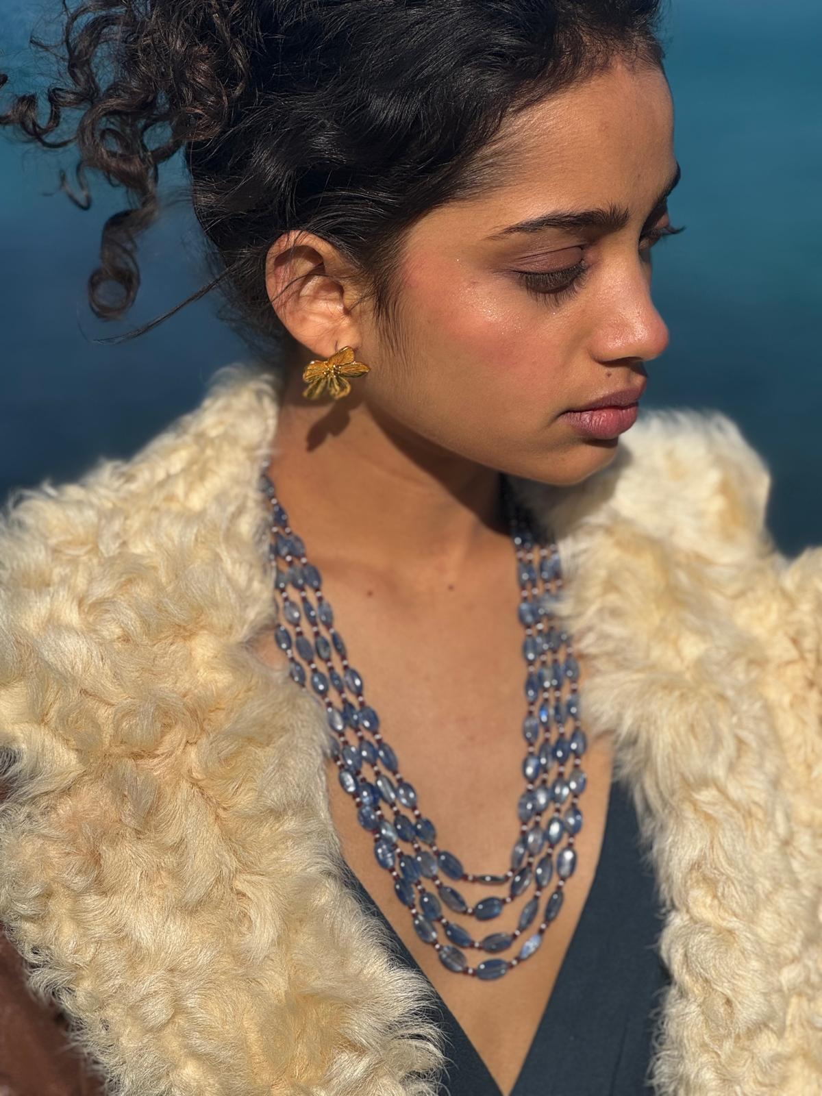 Blue kyanite red garnet and pearl necklace – Rajasthani handcrafted jewellery JAAMUN