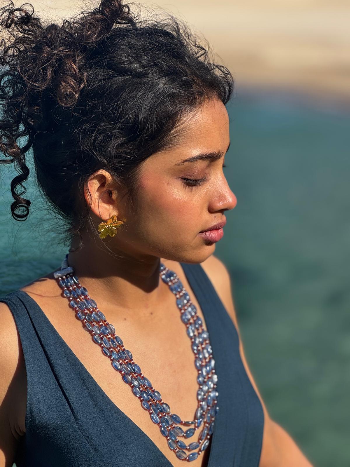 Blue kyanite red garnet and pearl necklace – Rajasthani handcrafted jewellery JAAMUN