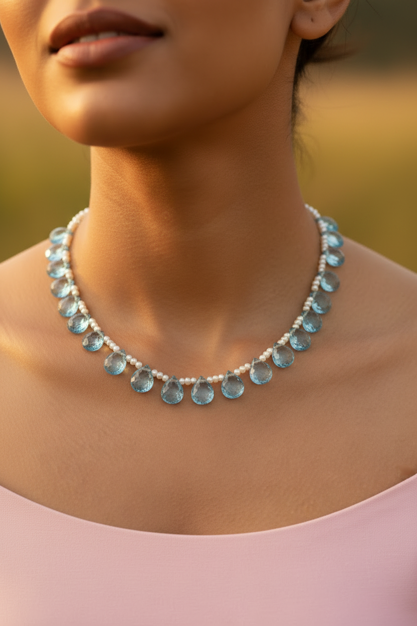 Blue topaz and pearl cascade statement necklace – handcrafted gemstone jewellery by JAAMUN