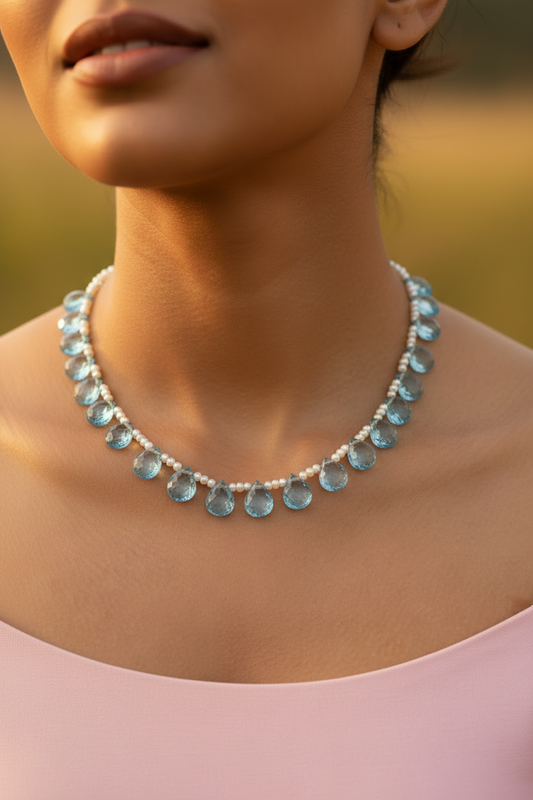 Blue topaz and pearl cascade statement necklace – handcrafted gemstone jewellery by JAAMUN