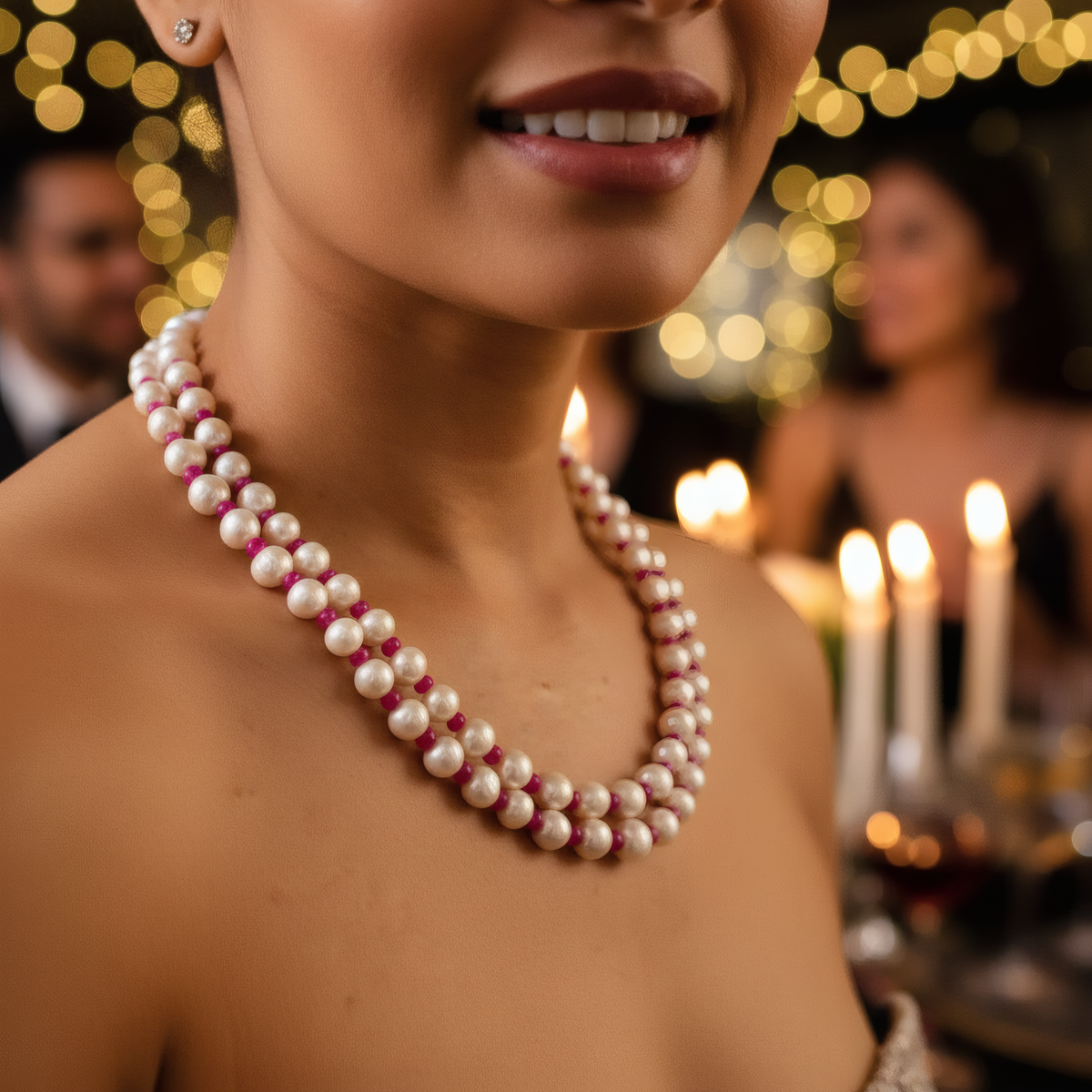 Freshwater Pearl & Ruby Double Strand Necklace with Tassel