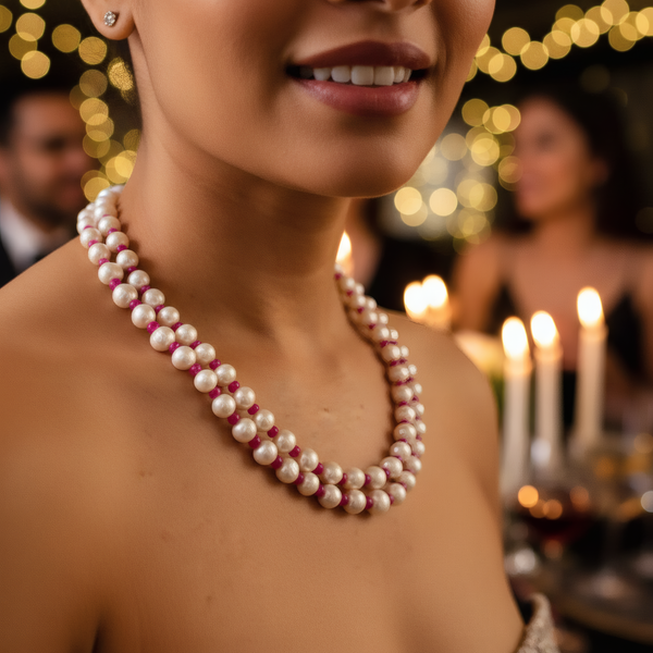 Freshwater Pearl & Ruby Double Strand Necklace with Tassel