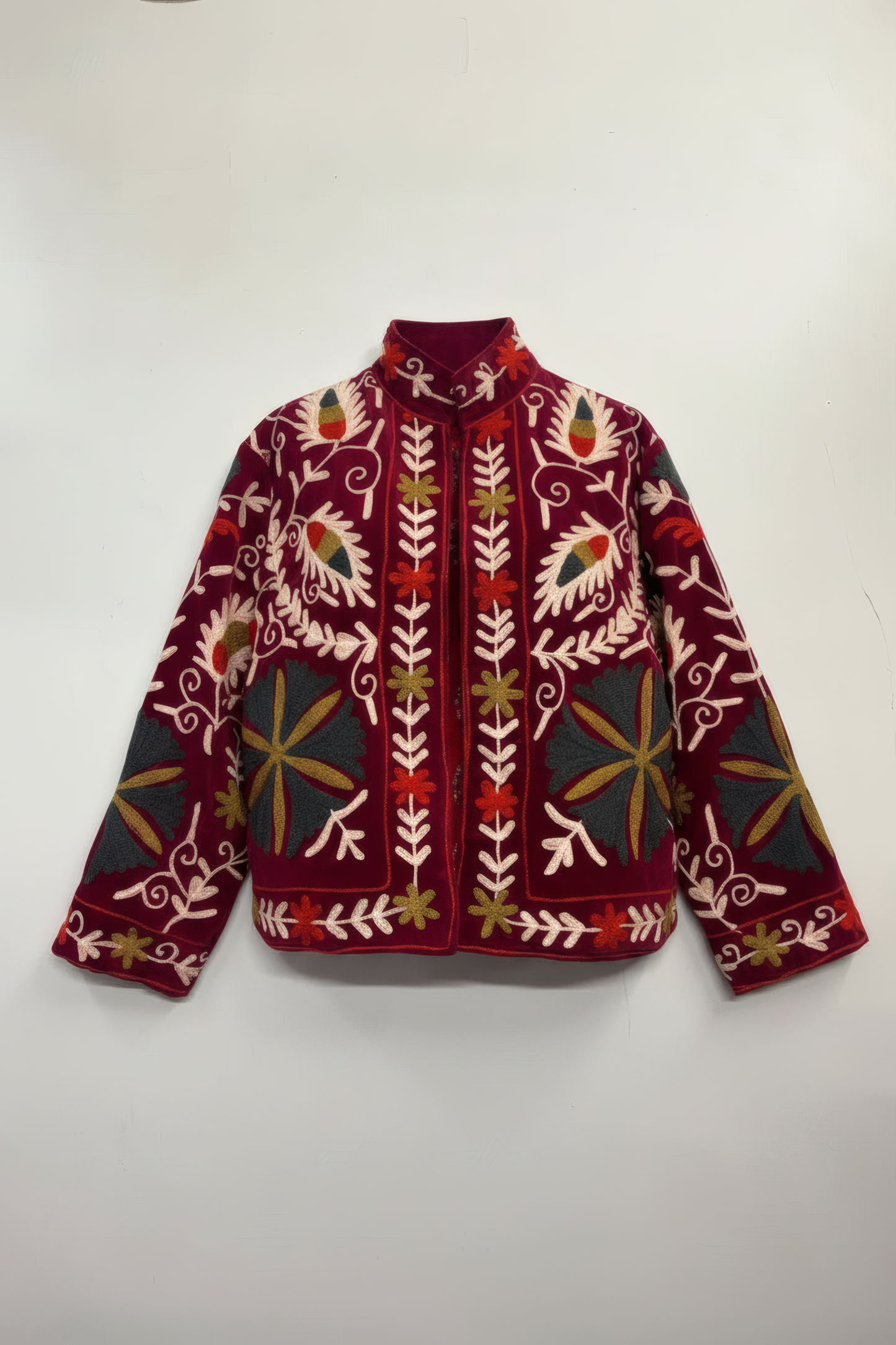 Suzani Jacket in Crimson Velvet – Product  Shot – JAAMUN