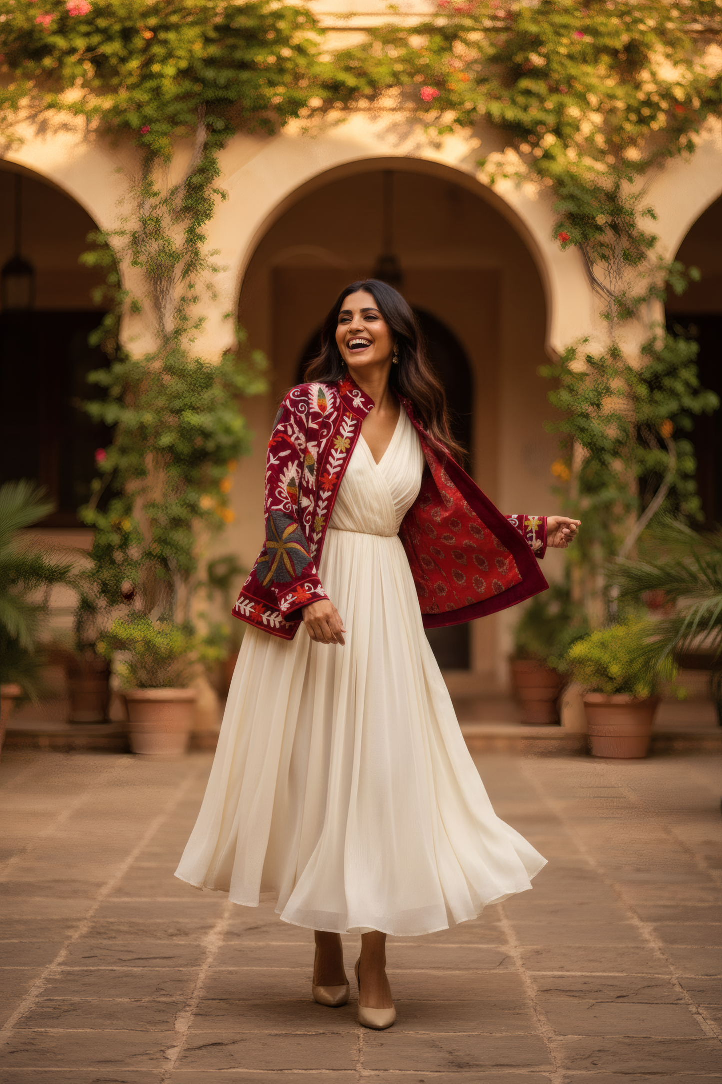 Suzani Jacket in Crimson Velvet – Side View – JAAMUN