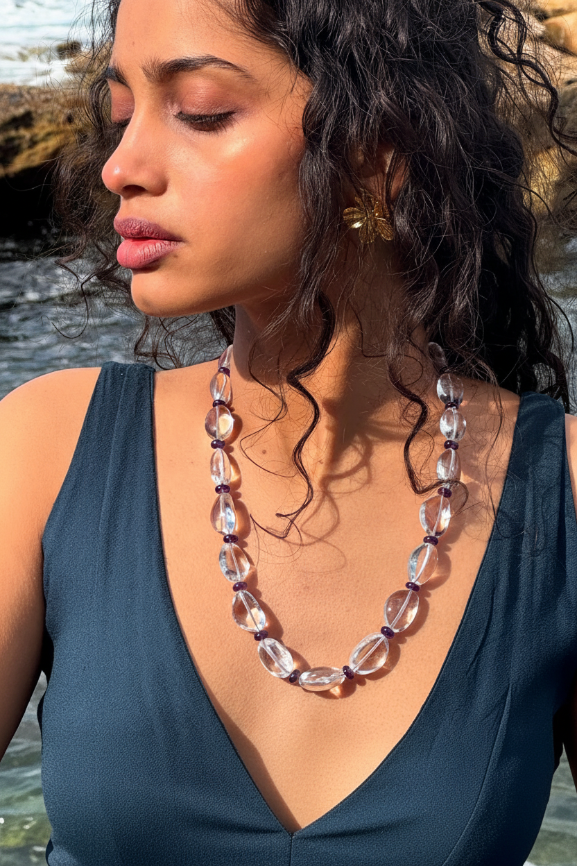 Crystal quartz and amethyst bead necklace – handcrafted artisan jewellery JAAMUN