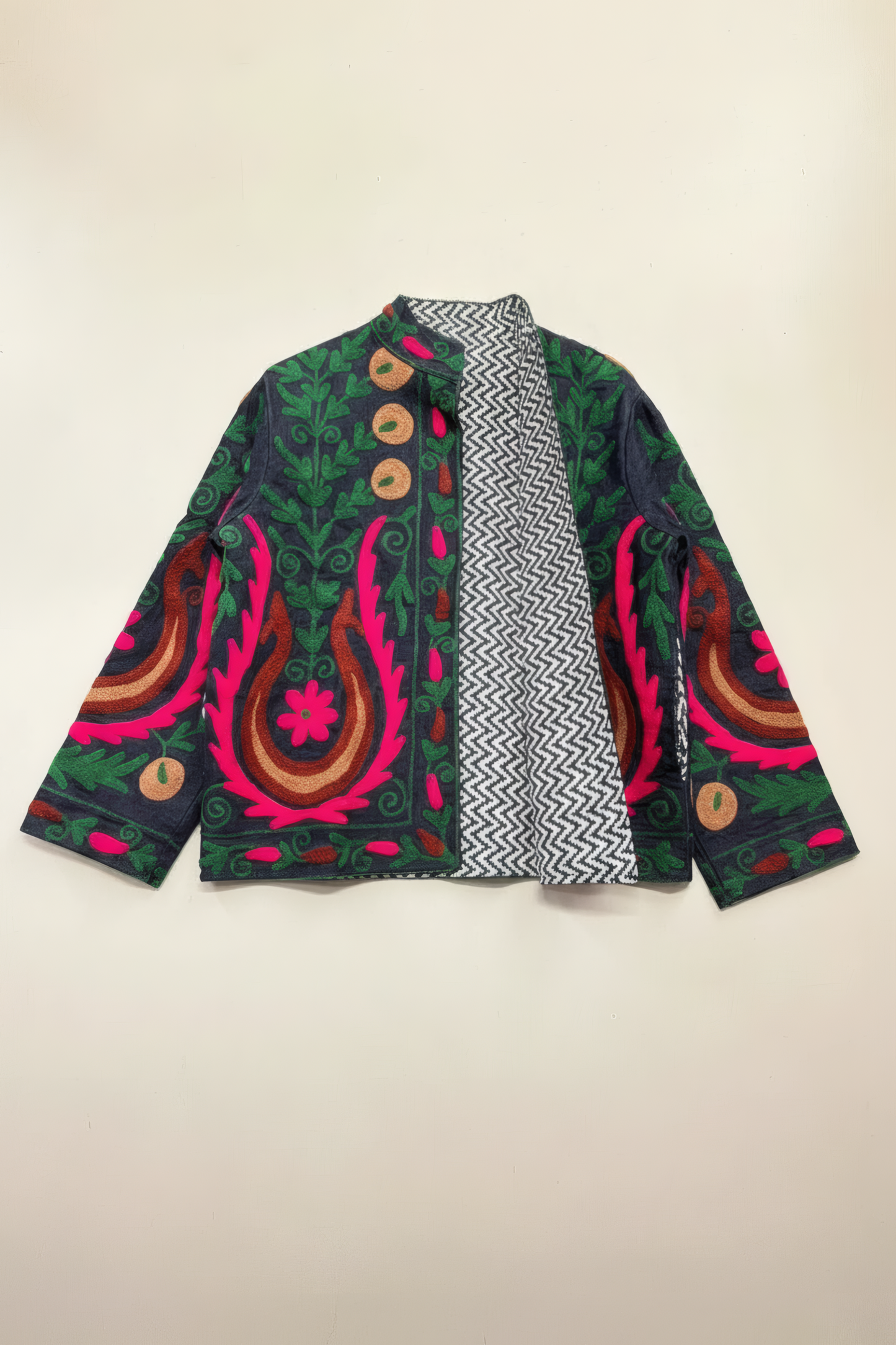 Suzani Jacket in Indigo Denim – Open Front – Lining Detail – JAAMUN