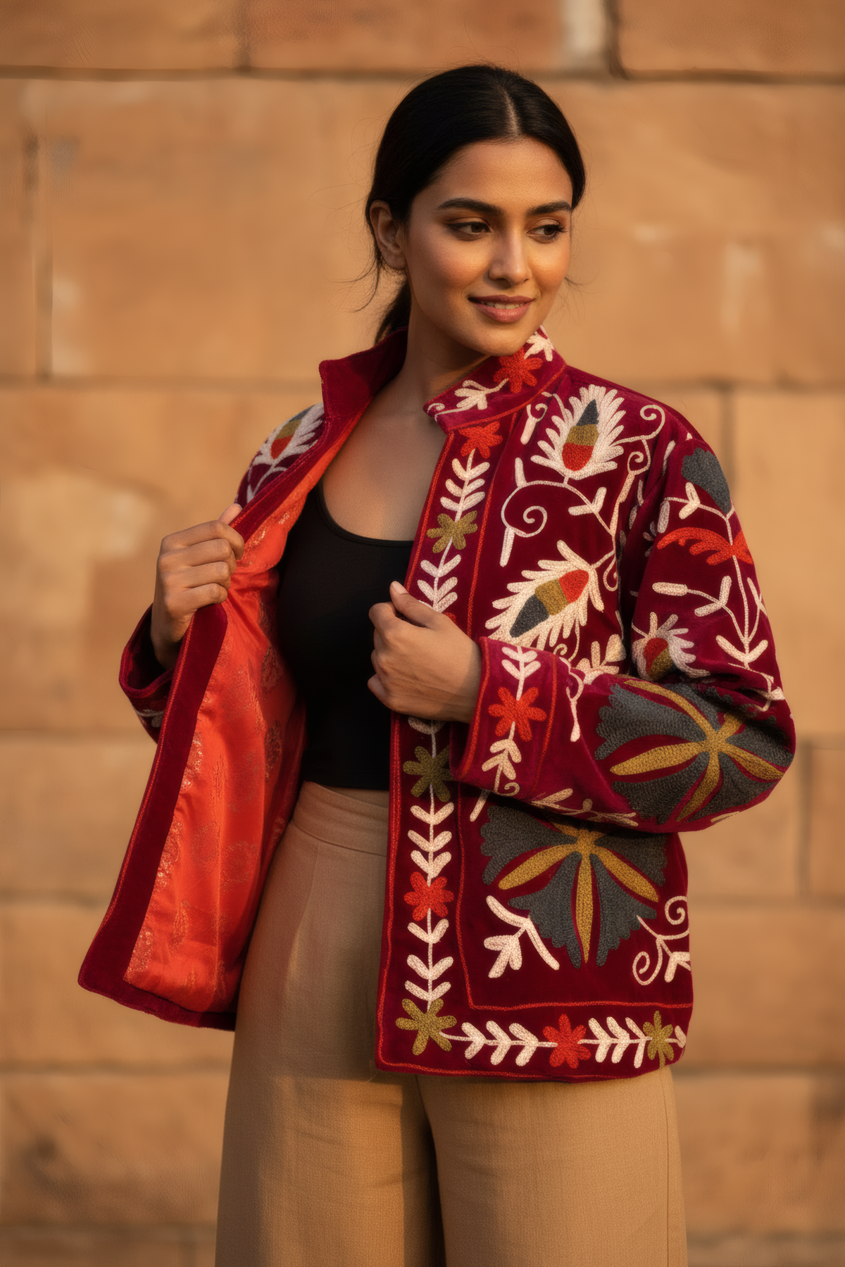 Suzani Jacket in Crimson Velvet – Three Quarter View – JAAMUN