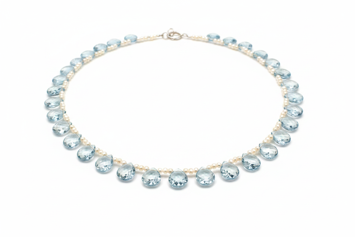 Blue topaz and pearl cascade statement necklace – handcrafted gemstone jewellery by JAAMUN