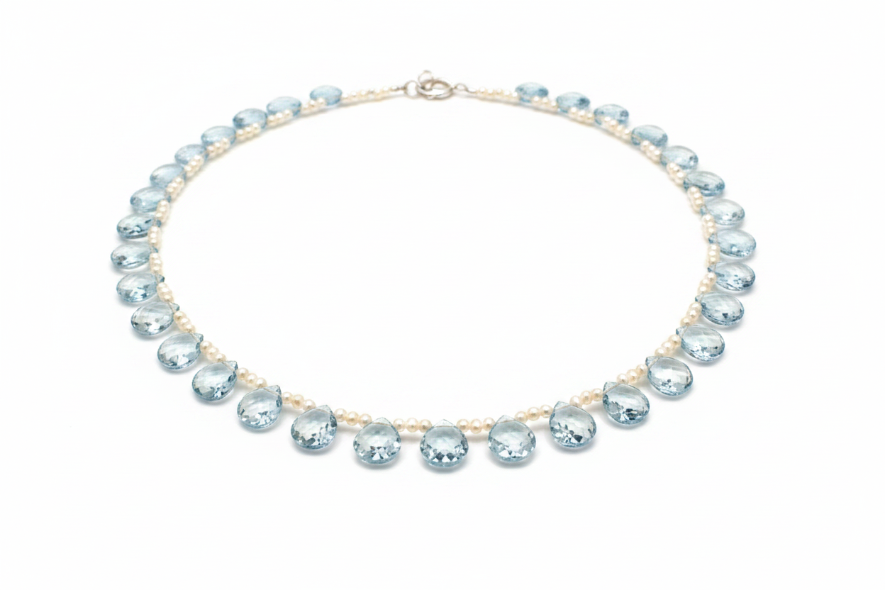 Blue topaz and pearl cascade statement necklace – handcrafted gemstone jewellery by JAAMUN
