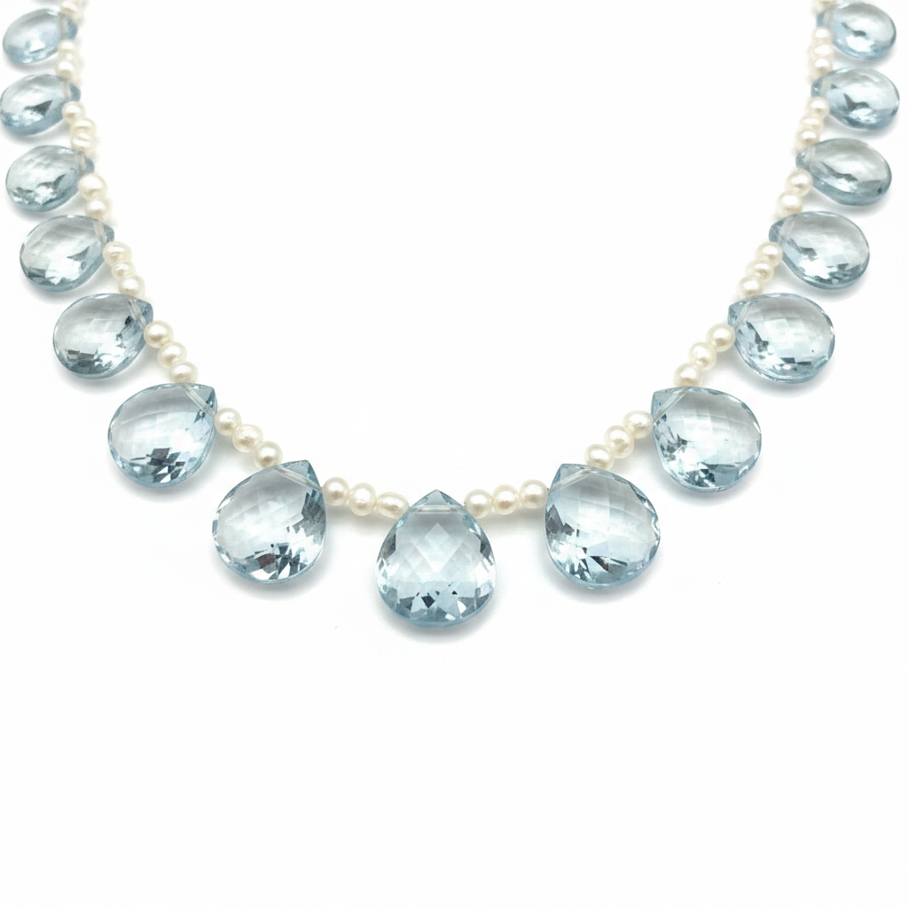 Blue topaz and pearl cascade statement necklace – handcrafted gemstone jewellery by JAAMUN