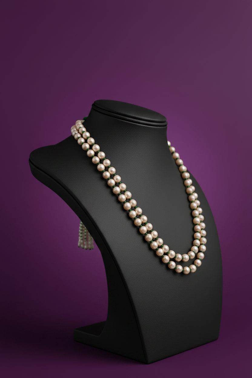 Freshwater pearl and Zambian emerald necklace [flat lay] – JAAMUN