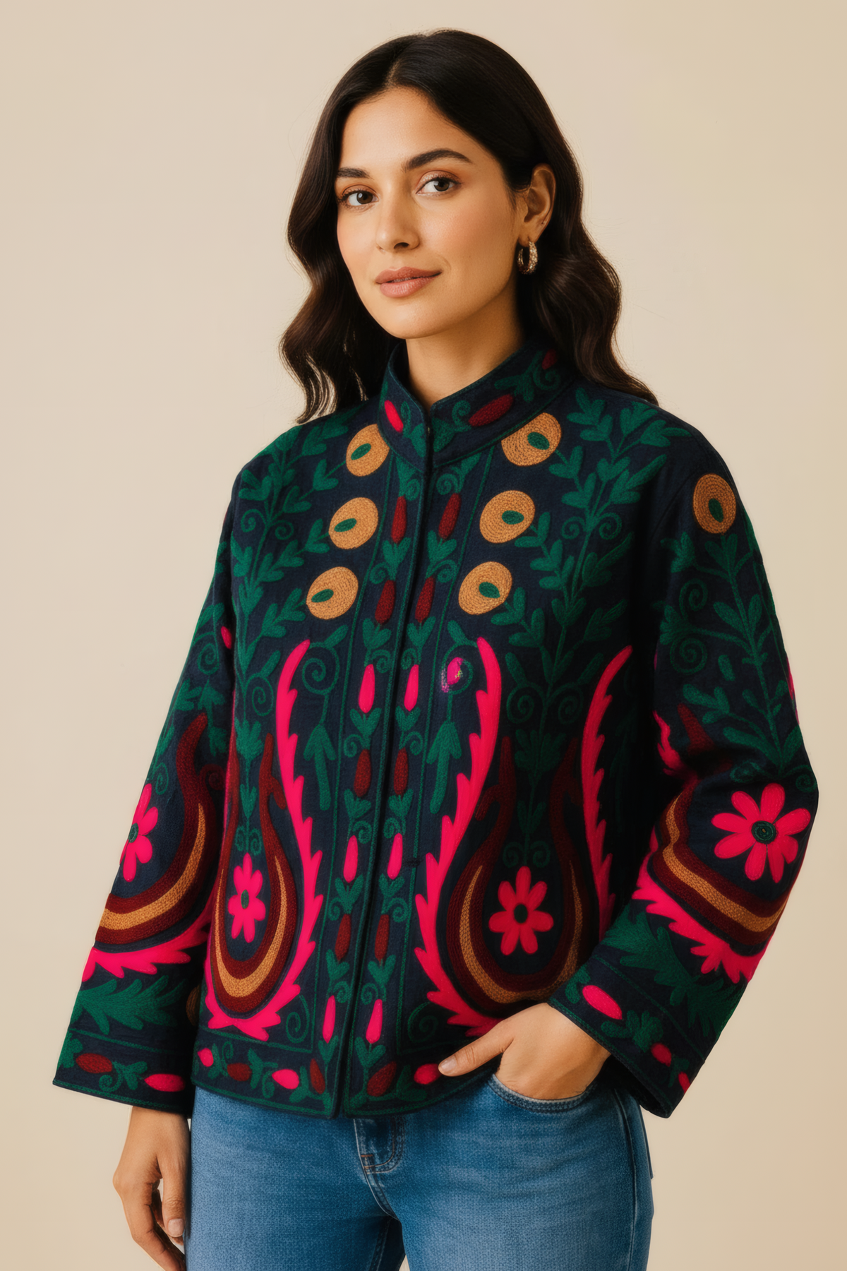 Suzani Jacket in Indigo Denim – Three Quarter View – JAAMUN