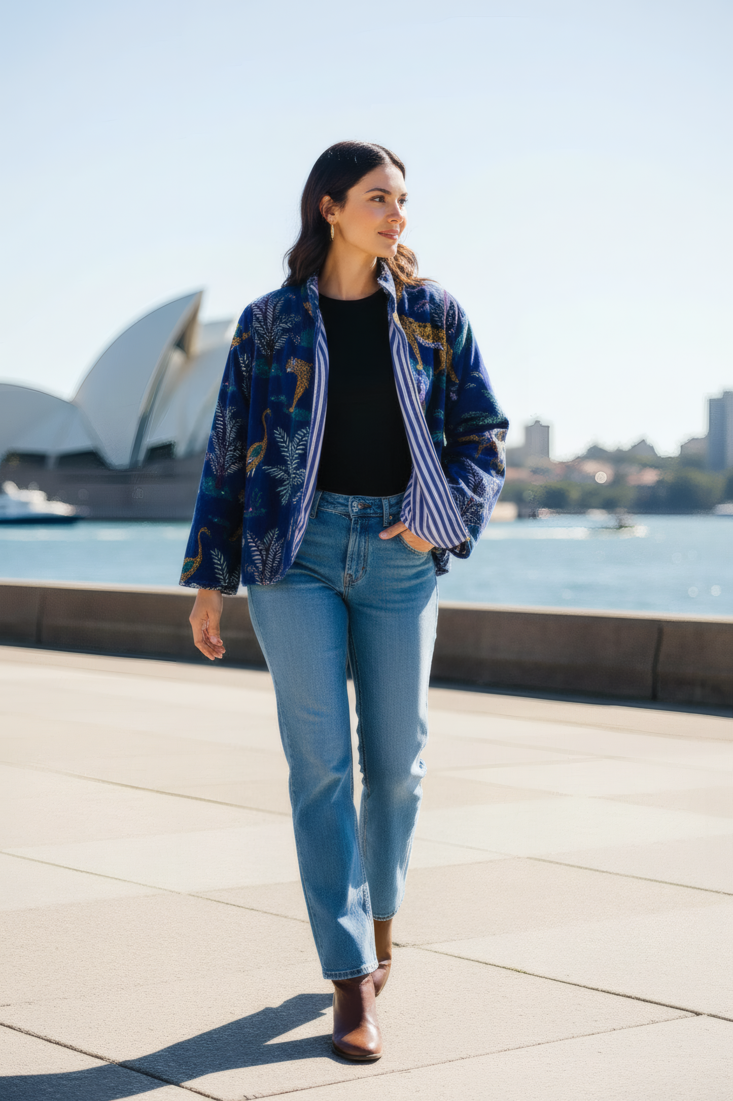 Velvet Jungle Print Jacket – Front View – Sydney Harbour – JAAMUN