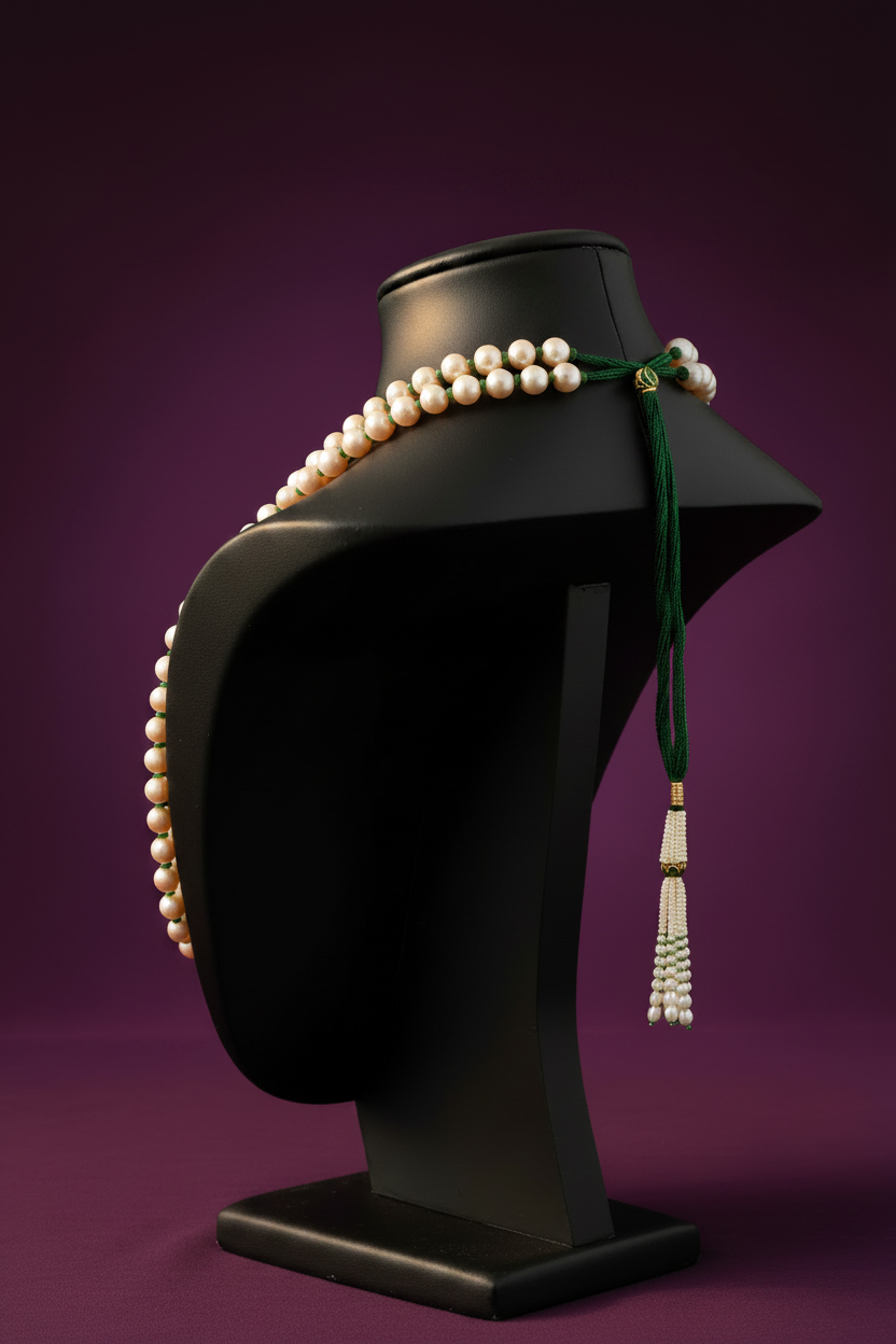 Freshwater pearl and Zambian emerald necklace [Tassel Close] – JAAMUN
