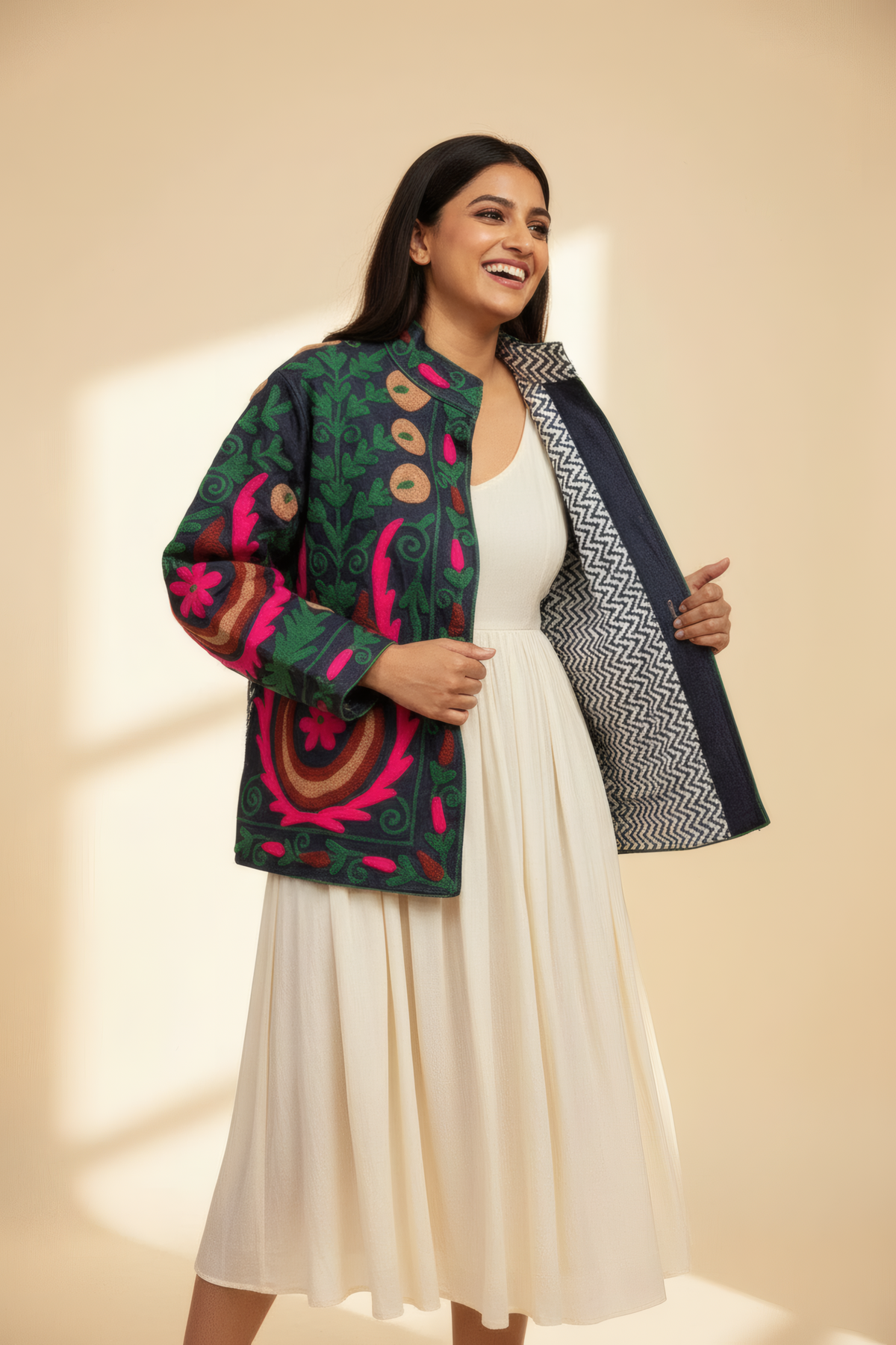 Suzani Jacket in Indigo Denim – Model – Candid Street – JAAMUN