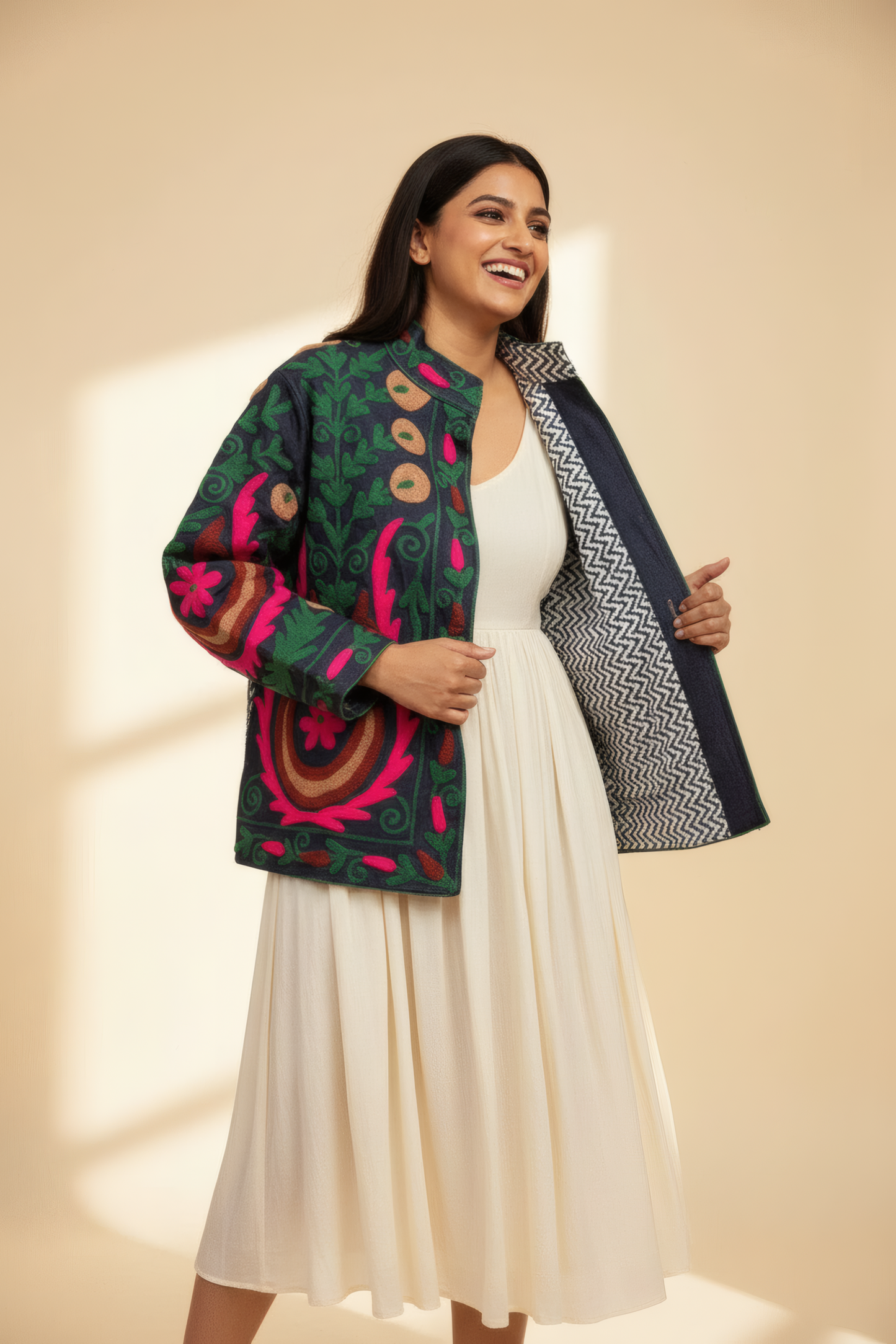 Suzani Jacket in Indigo Denim – Model – Candid Street – JAAMUN