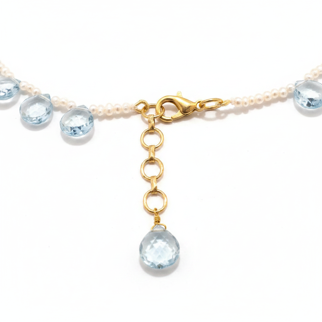 Blue topaz and pearl cascade statement necklace – handcrafted gemstone jewellery by JAAMUN