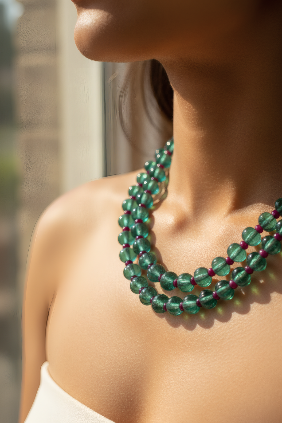 Green Fluorite & Red Quartz Double-Strand Necklace