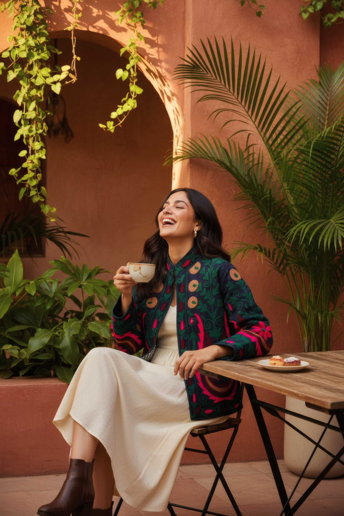 Suzani Jacket in Indigo Denim – Model – Outdoor Café – JAAMUN