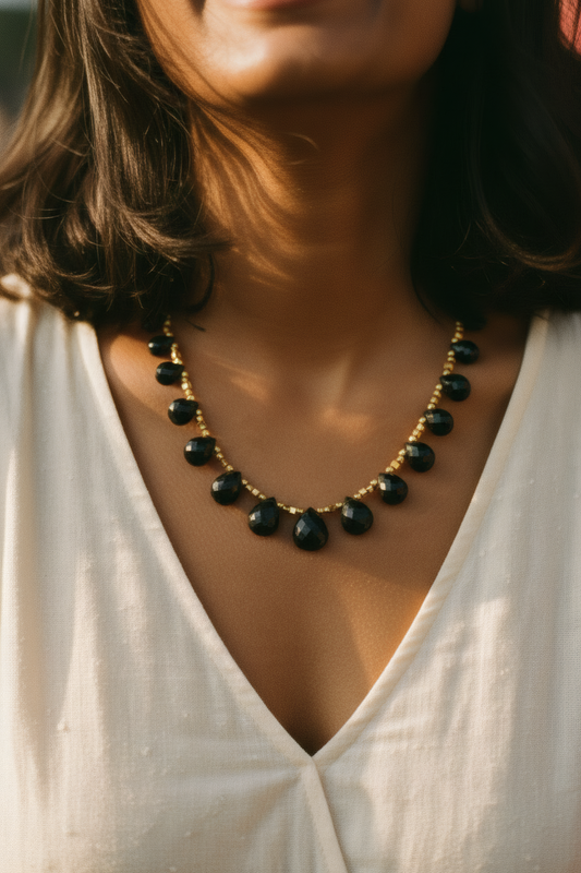Black spinel and hematite statement necklace – artisan gemstone jewellery JAAMUN