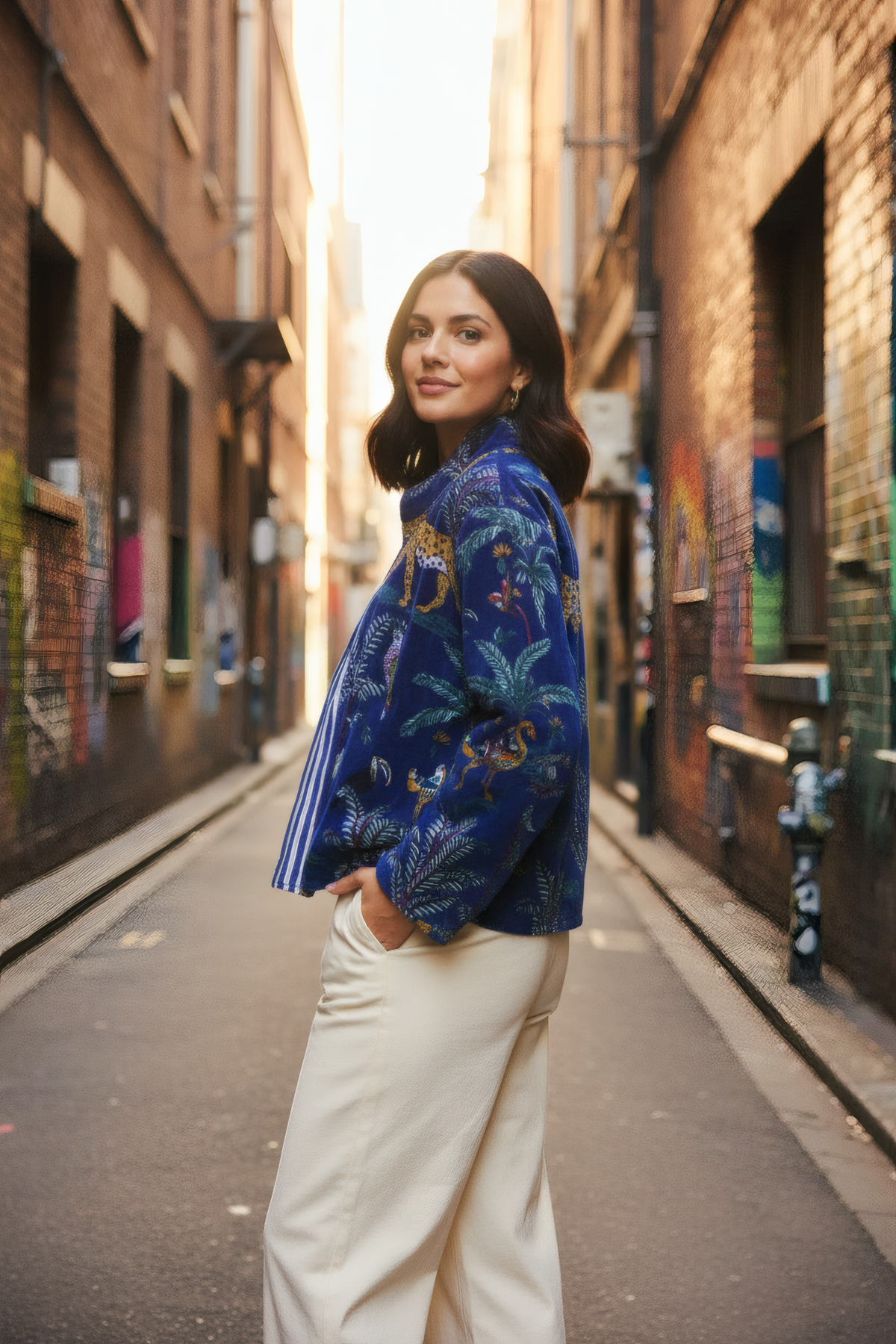 Velvet Jungle Print Jacket – Side View – Street Style – JAAMUN