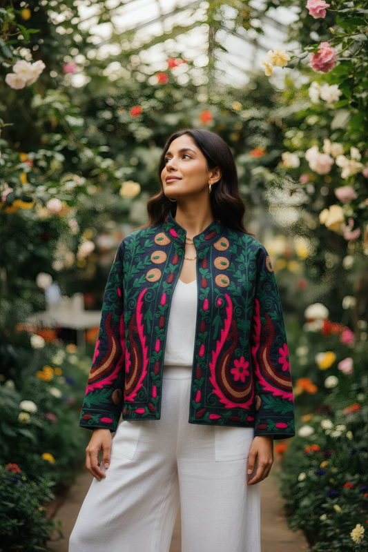 Suzani Jacket in Indigo Denim – Model – Botanical Garden – JAAMUN