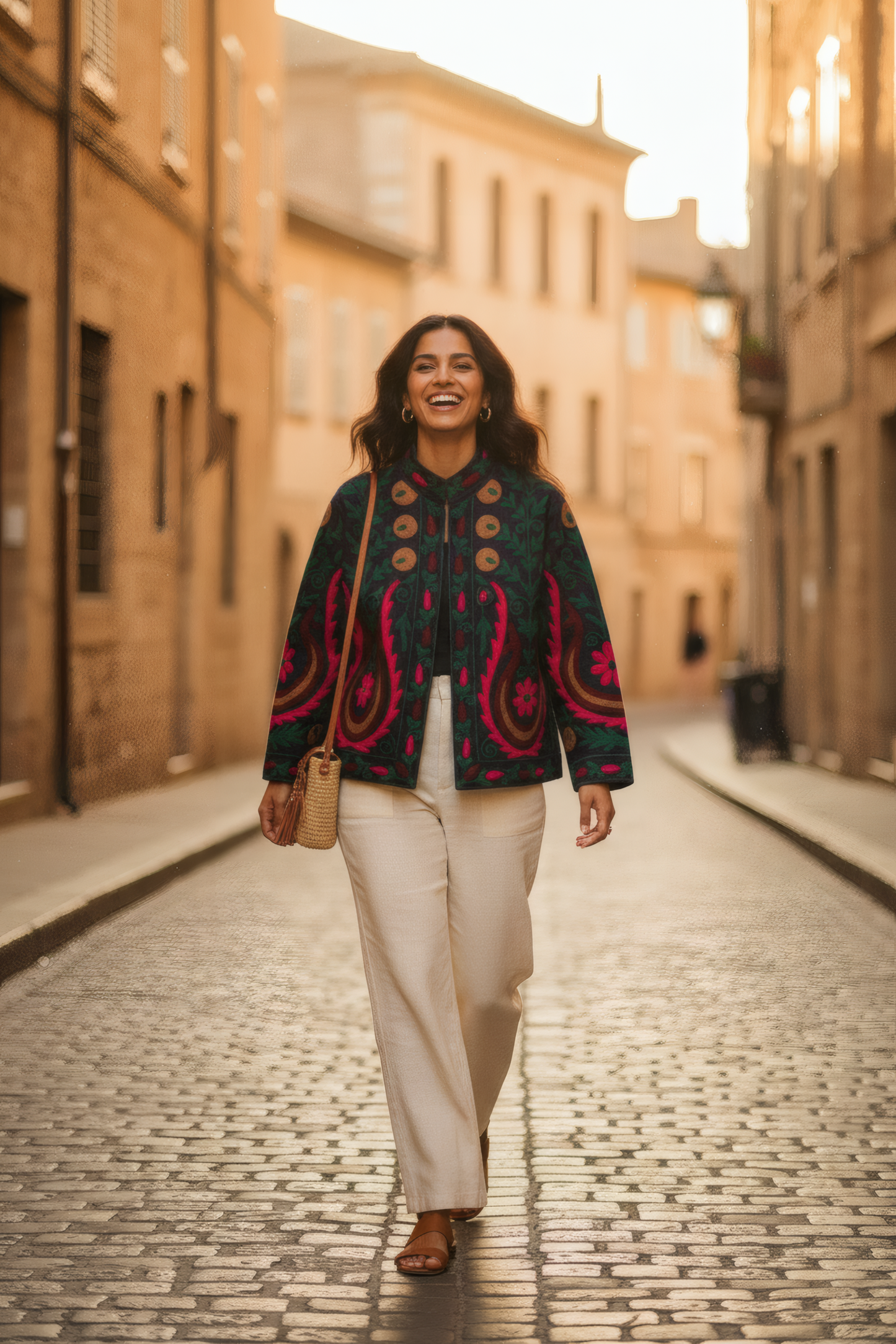 Suzani Jacket in Indigo Denim – Model – Cobblestone Street – JAAMUN