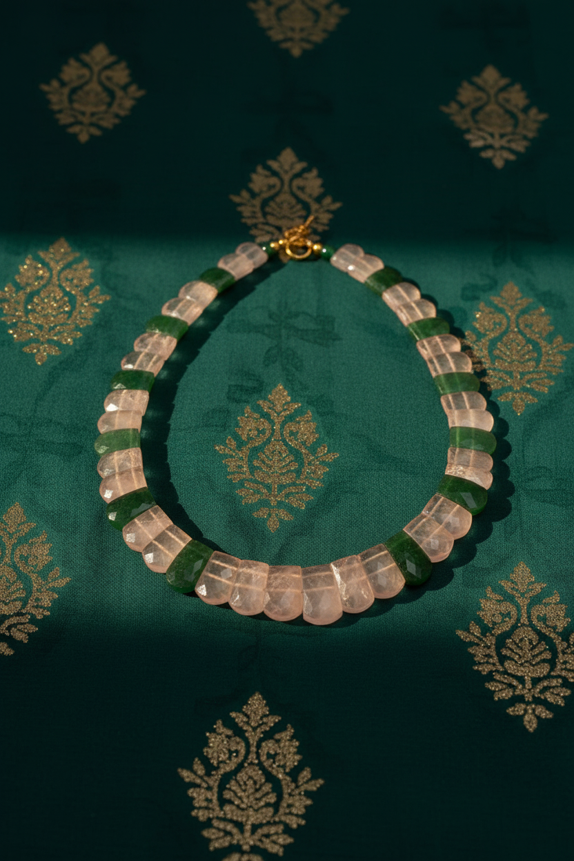 Green Aventurine and Rose Quartz necklace – flat lay on emerald Rajasthani fabric