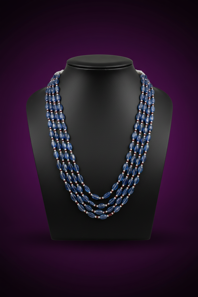 Blue kyanite red garnet and pearl necklace – Rajasthani handcrafted jewellery JAAMUN