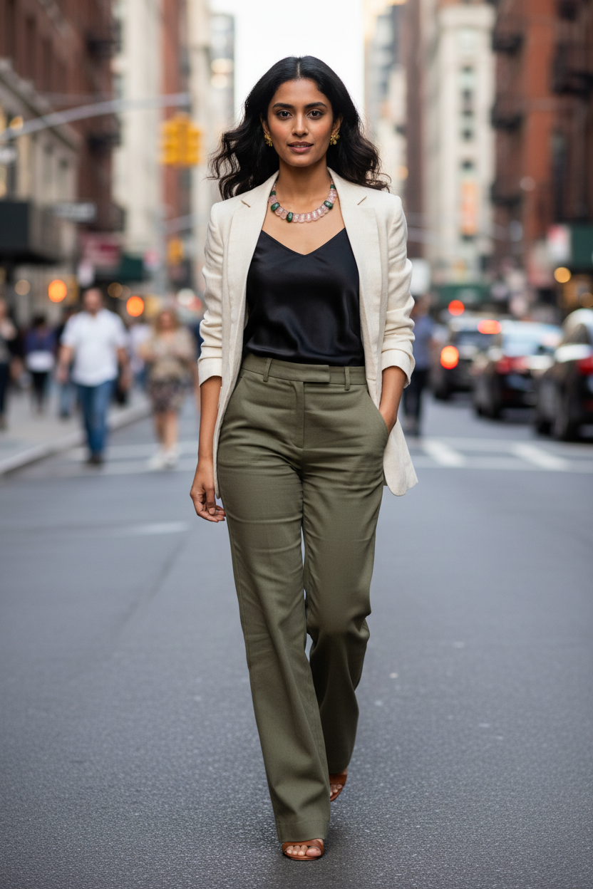Green Aventurine and Rose Quartz necklace – model walking busy city street