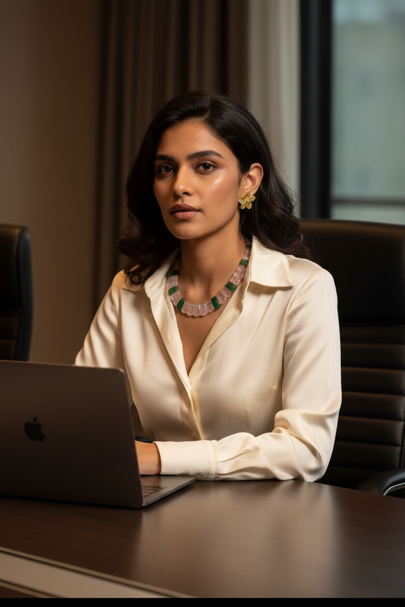 Green Aventurine and Rose Quartz necklace – model boardroom ivory silk blouse