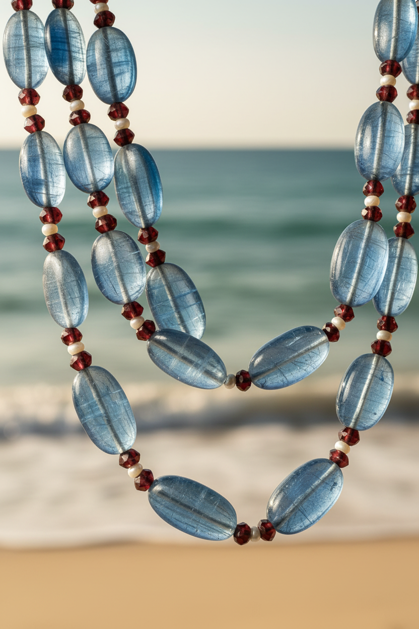 Blue kyanite red garnet and pearl necklace – Rajasthani handcrafted jewellery JAAMUN