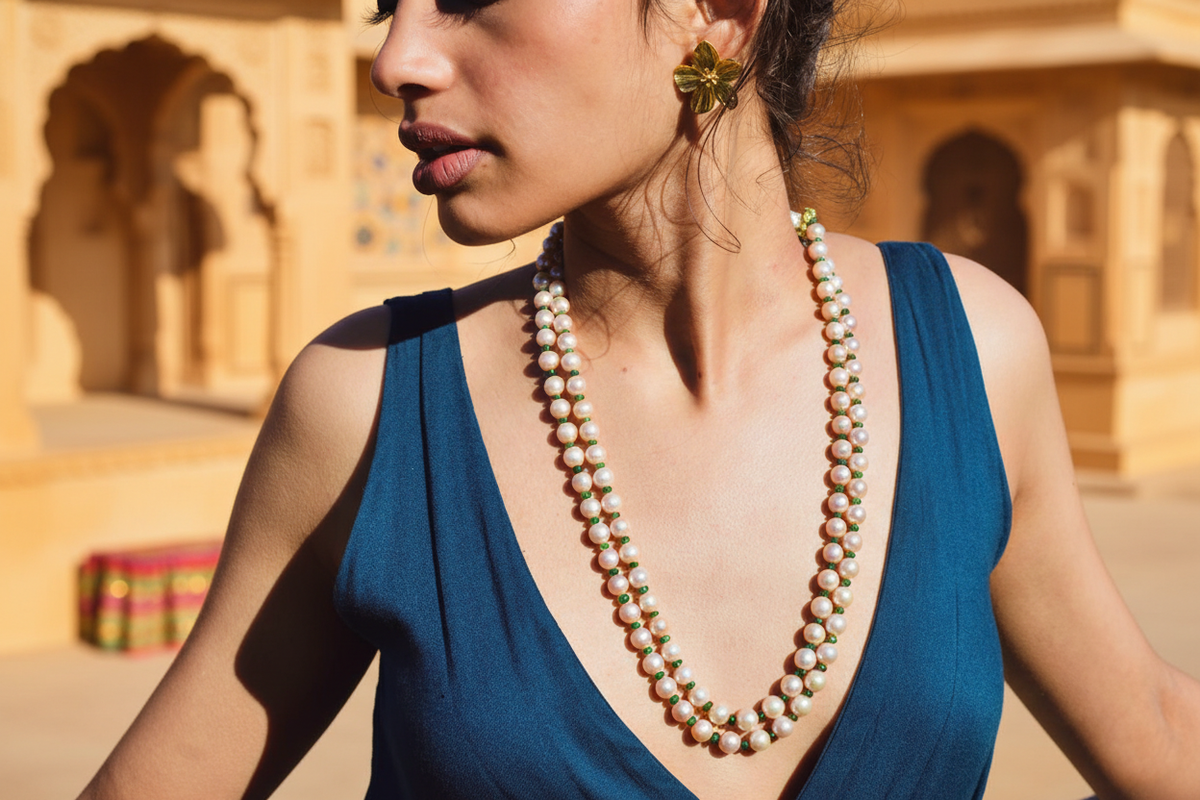 Freshwater pearl and Zambian emerald necklace [styled] – JAAMUN