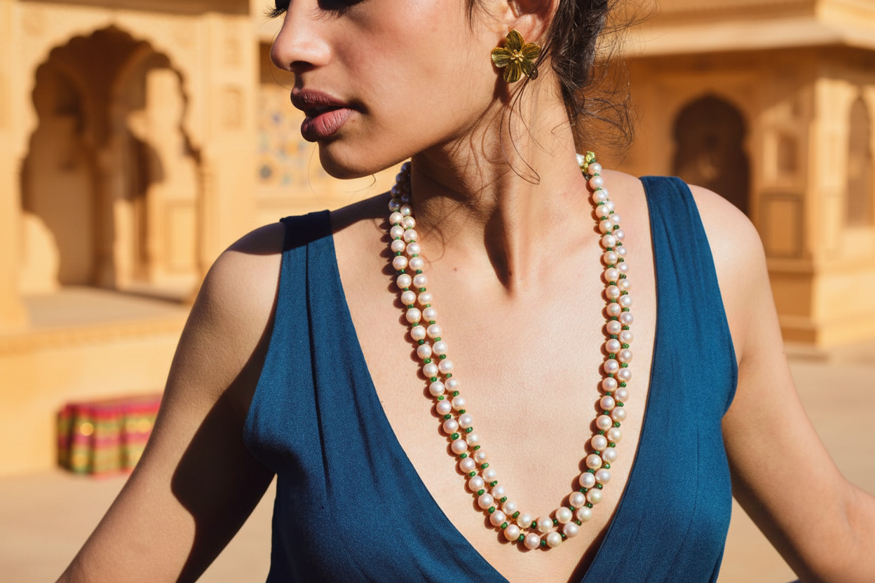 Freshwater pearl and Zambian emerald necklace [styled] – JAAMUN