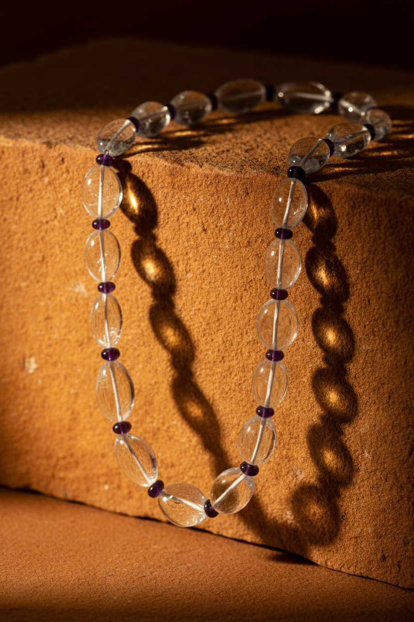 Crystal quartz and amethyst bead necklace – handcrafted artisan jewellery Studio shot JAAMUN